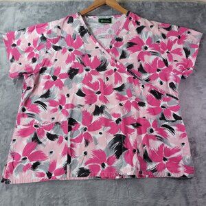 Bonita Scrubs Womens 3XL Pink Floral Print V-Neck Pocket Top Medical Workwear